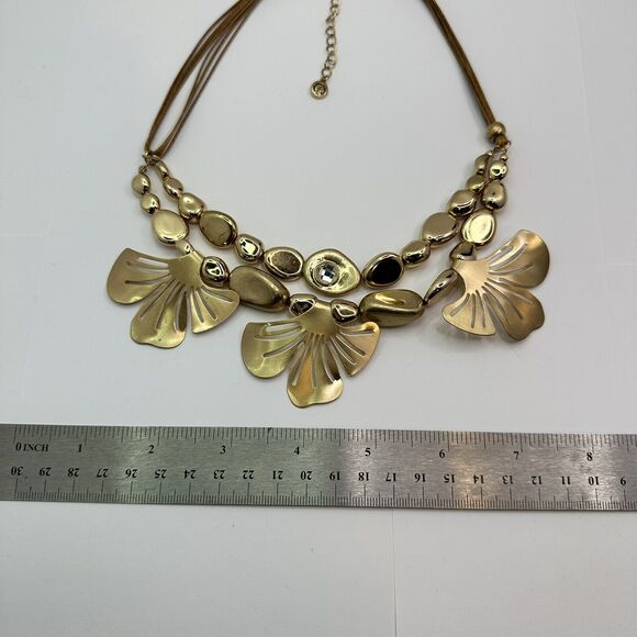 C 1946 Signed Gold Tone Gingko Leaves and‎ Round Beads Necklace Leather Cord - Picture 8 of 12